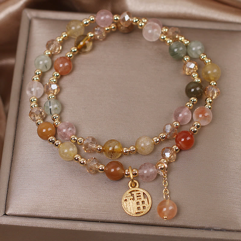 Bracelet de bon augure en quartz rutile multicolore avec Buddha Stones et caractère Fu