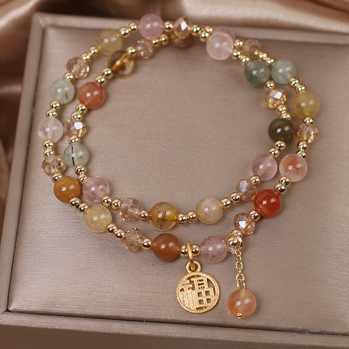 Bracelet de bon augure en quartz rutile multicolore avec Buddha Stones et caractère Fu