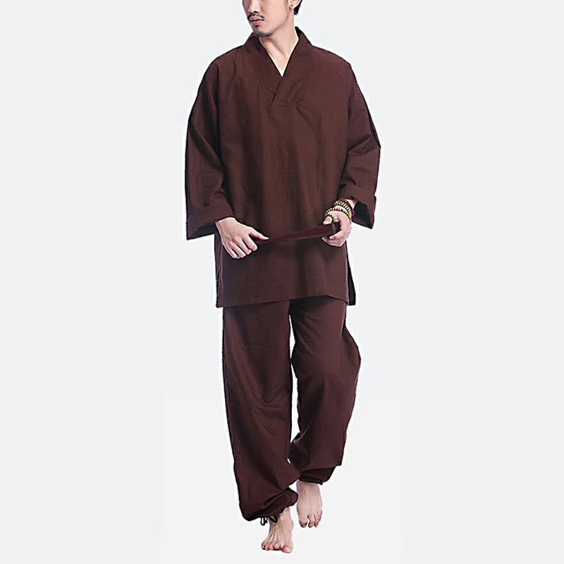 Ensemble de vêtements de yoga pour homme Buddha Stones, méditation, prière, col en V, coton et lin, pratique spirituelle zen - image 3