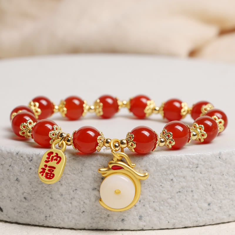 Bracelet porte-bonheur avec boucle de paix et personnage Fu en agate rouge et aventurine verte de l'année du Buddha Stones