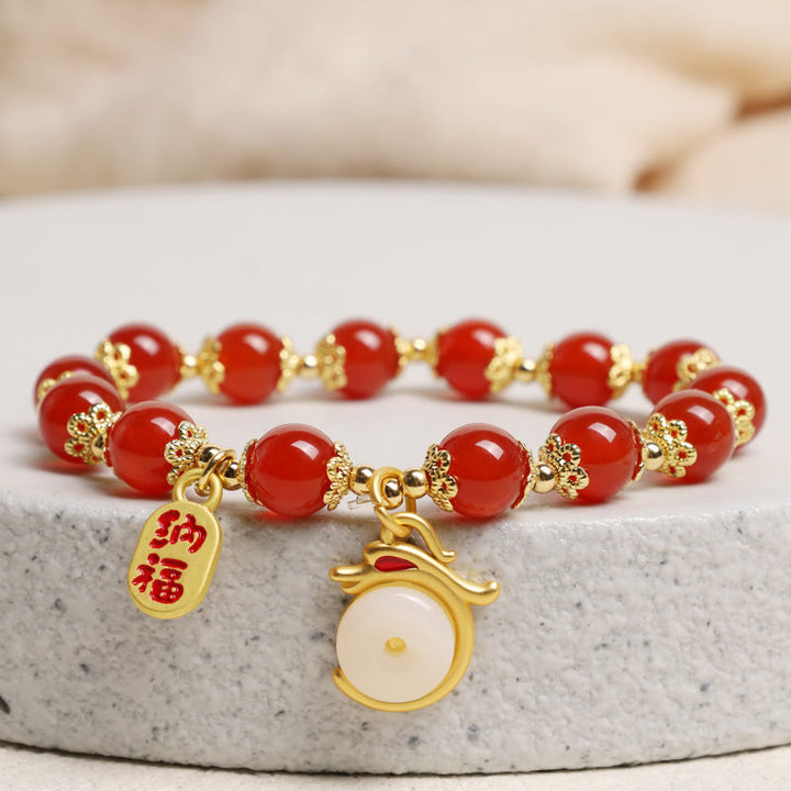 Bracelet porte-bonheur avec boucle de paix et personnage Fu en agate rouge et aventurine verte de l'année du Buddha Stones