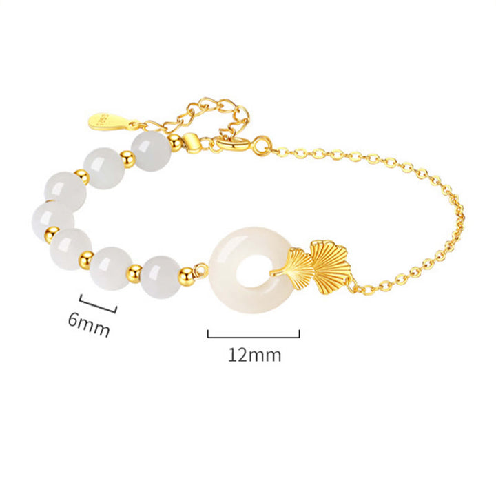 Bracelet Buddha Stones -bonheur en argent sterling 925 avec boucle de paix en jade blanc Hetian et feuilles de ginkgo - image 10