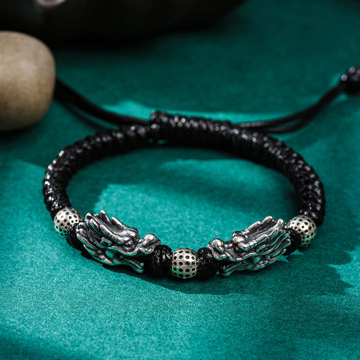 Bracelet tressé fait main en argent sterling 999 avec double dragon porte-bonheur de Buddha Stones