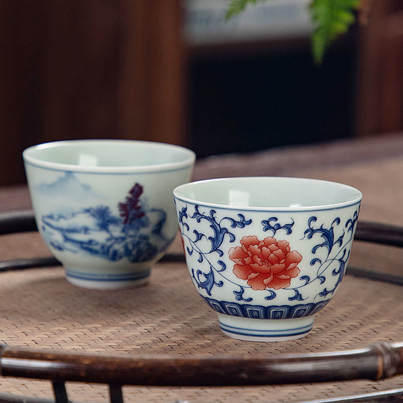 Buddha Stones Paysage bleu Montagnes Lotus Chat mignon Pavillons Magnolia Roseaux Aigrettes Tasse à thé en céramique Petite tasse à thé Kung Fu