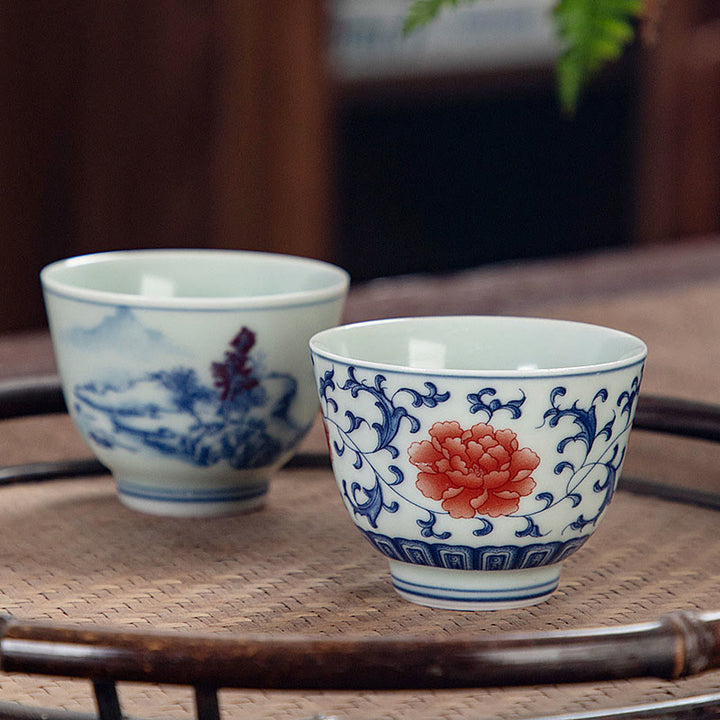 Buddha Stones Paysage bleu Montagnes Lotus Chat mignon Pavillons Magnolia Roseaux Aigrettes Tasse à thé en céramique Petite tasse à thé Kung Fu