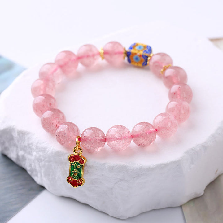 Bracelet à breloques Ruyi positif en quartz fraise et Buddha Stones