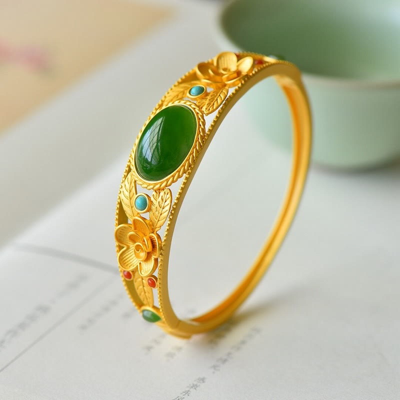 Bracelet jonc porte-bonheur en Buddha Stones, jade cyan, jade blanc, fleur, feuille