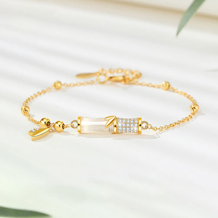 Bracelet porte - bonheur en argent sterling 925 plaqué or 18 carats avec jade blanc et bambou et zircon
