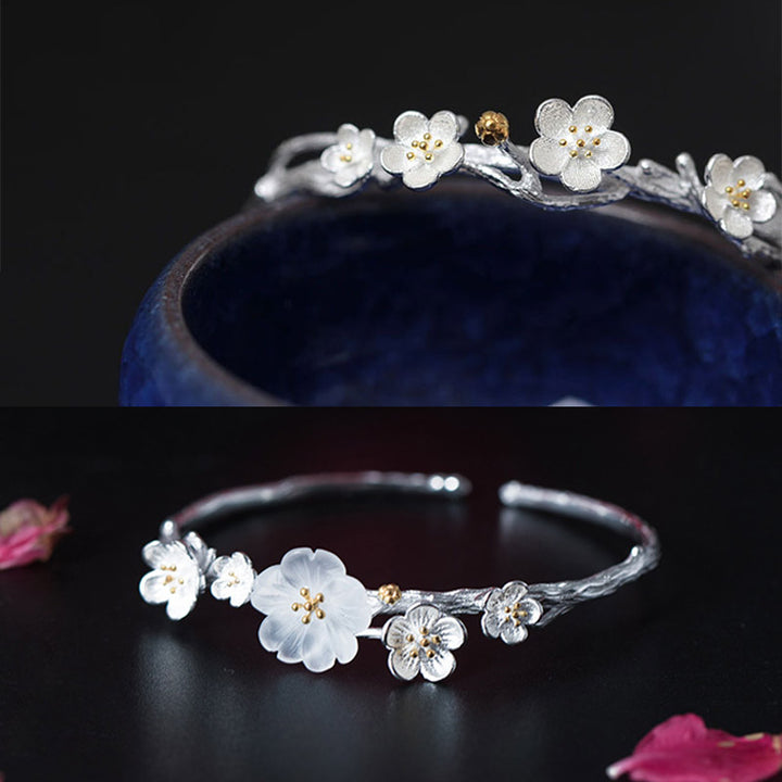 Bracelet réglable en argent sterling 925 Buddha Stones et fleur de prunier