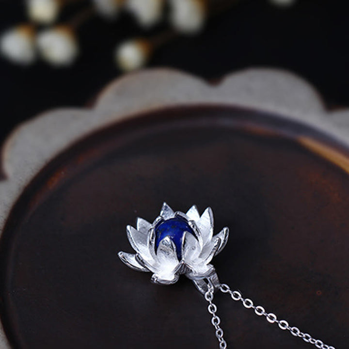 Collier pendentif fleur de lotus en argent sterling 925 avec Buddha Stones et lazurite