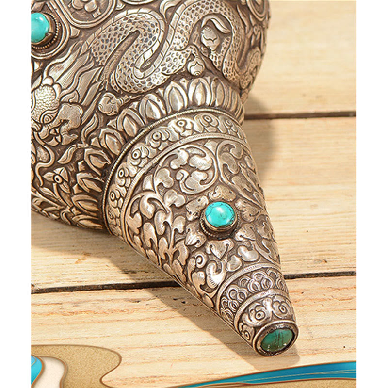 Coquillage tibétain fait à la main en forme de Shankha naturel gravé de huit symboles de bon augure, décoration porte-bonheur pour la maison - image 9