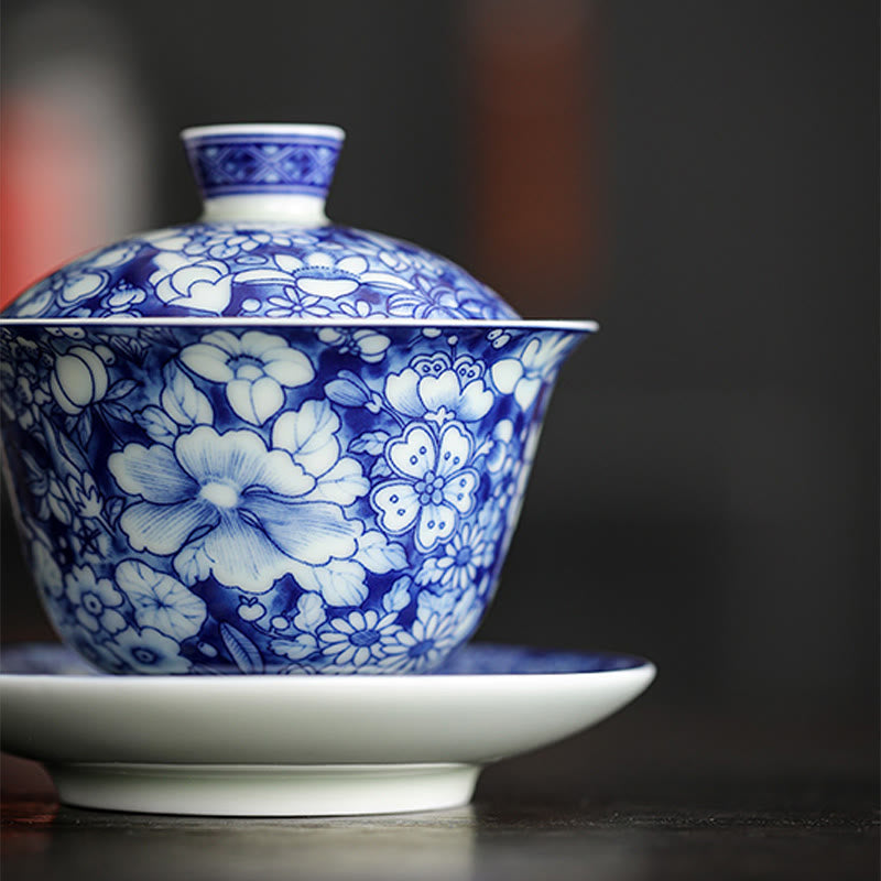 Tasse à thé et soucoupe en porcelaine bleue et blanche vintage en céramique Gaiwan Sancai Kung Fu avec couvercle