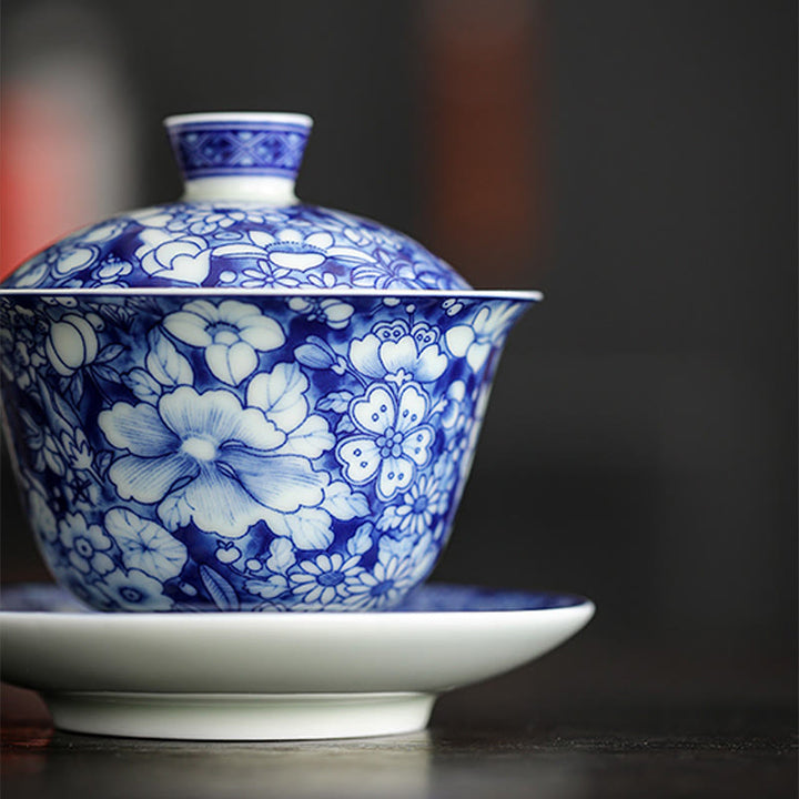 Tasse à thé et soucoupe en porcelaine bleue et blanche vintage en céramique Gaiwan Sancai Kung Fu avec couvercle