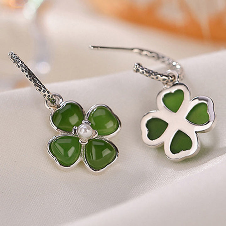 Boucles d'oreilles trèfle à quatre feuilles en argent sterling 925 et jade cyan naturel avec pierres de Buddha Stones