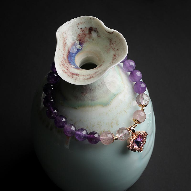 Bracelet porte-bonheur en cristal de quartz fraise et améthyste naturelle