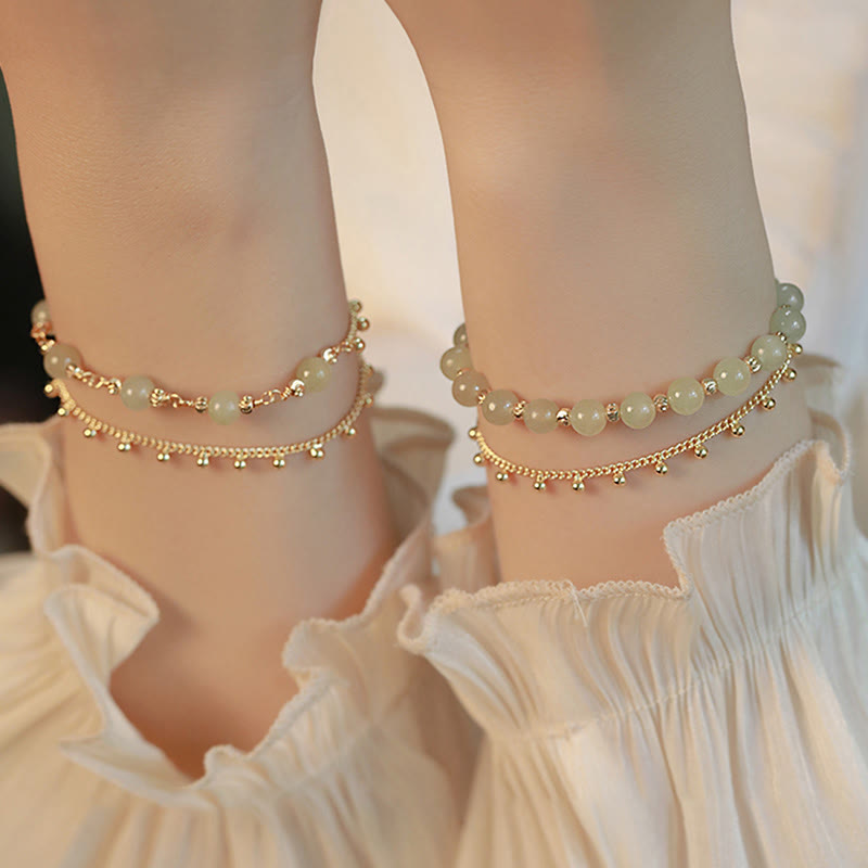Bracelet de prospérité porte-bonheur en perles de jade Hetian plaqué or 14 carats à 2 couches
