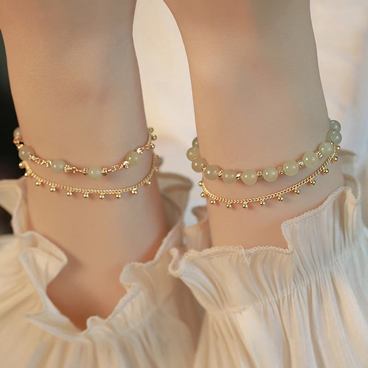 Bracelet de prospérité porte-bonheur en perles de jade Hetian plaqué or 14 carats à 2 couches