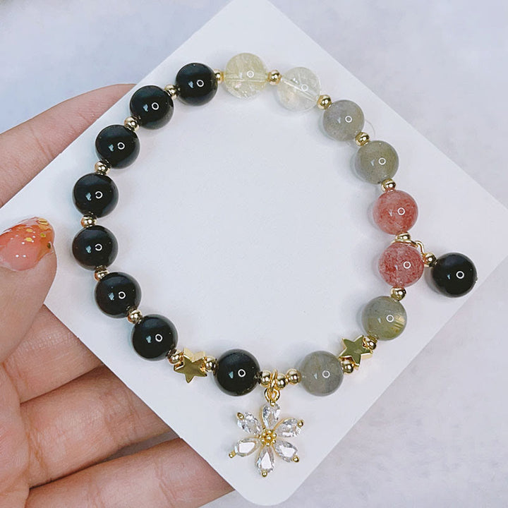 Bracelet de protection en obsidienne naturelle argentée avec Buddha Stones , cœur, étoile, fleur