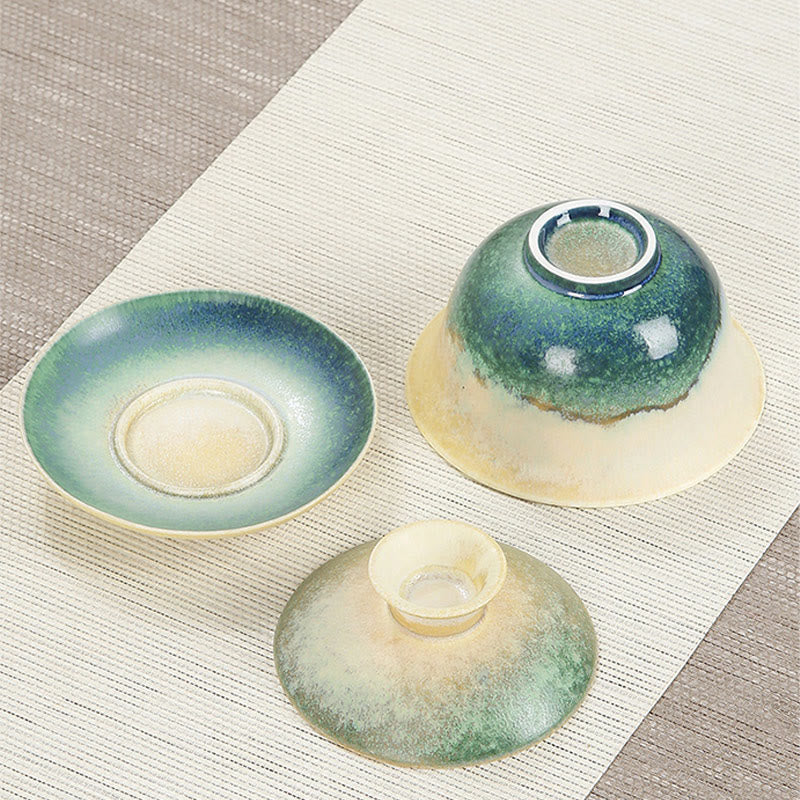 Tasse à thé et soucoupe en porcelaine avec motif de vagues de l'océan vert et Buddha Stones , tasse à thé Gaiwan Sancai en céramique Kung Fu avec couvercle