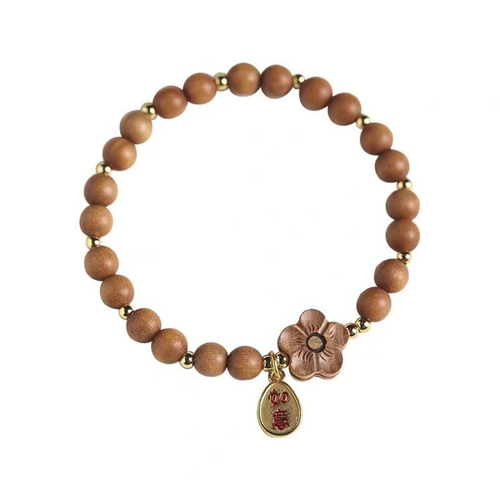 Bracelet de protection à breloques Ruyi en bois de Buddha Stones naturel et fleur de pêcher à petites feuilles en bois de santal rouge