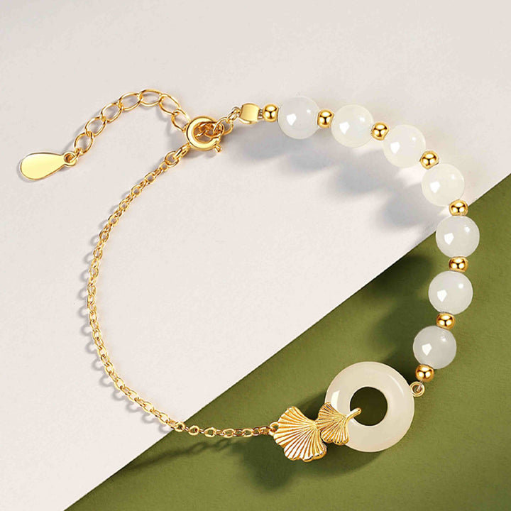 Bracelet Buddha Stones -bonheur en argent sterling 925 avec boucle de paix en jade blanc Hetian et feuilles de ginkgo - image 6