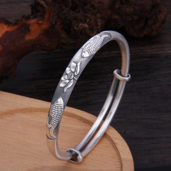 Bracelet jonc porte-bonheur en argent sterling 999 Buddha Stones et poisson koï et lotus