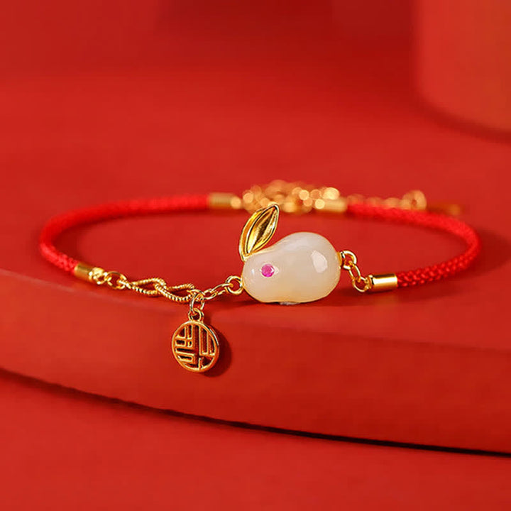 Bracelet en argent sterling 925 avec cordon rouge et jade blanc Hetian de l'année du lapin