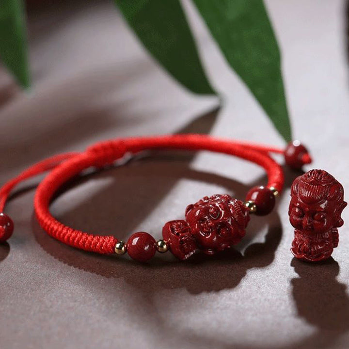 Bracelet en cordon avec amulette de bénédiction en cinabre et Buddha Stones du zodiaque chinois