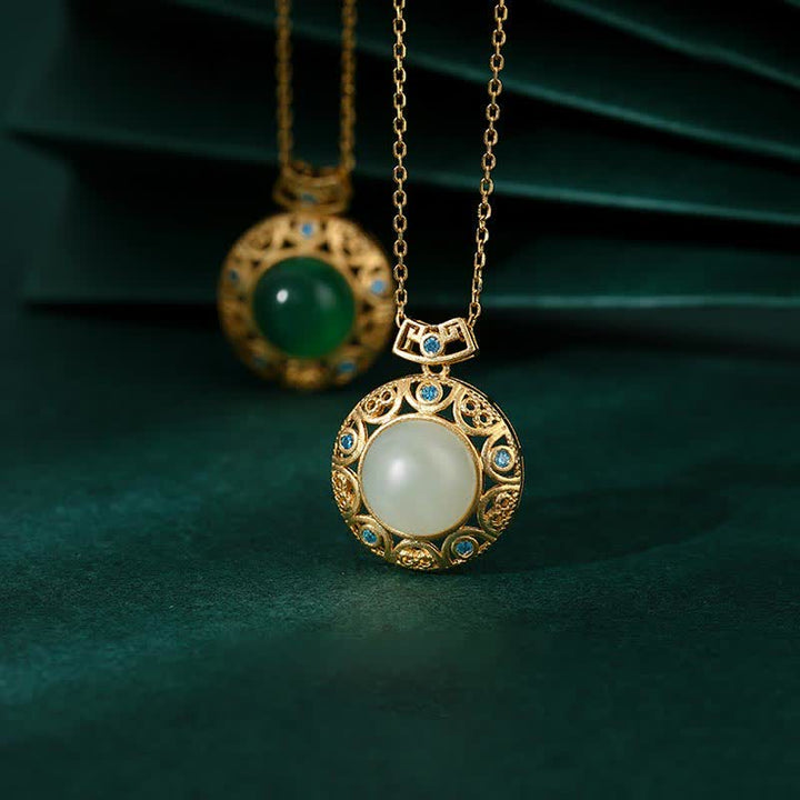Collier pendentif en argent sterling 925 avec calcédoine verte et jade blanc Hetian
