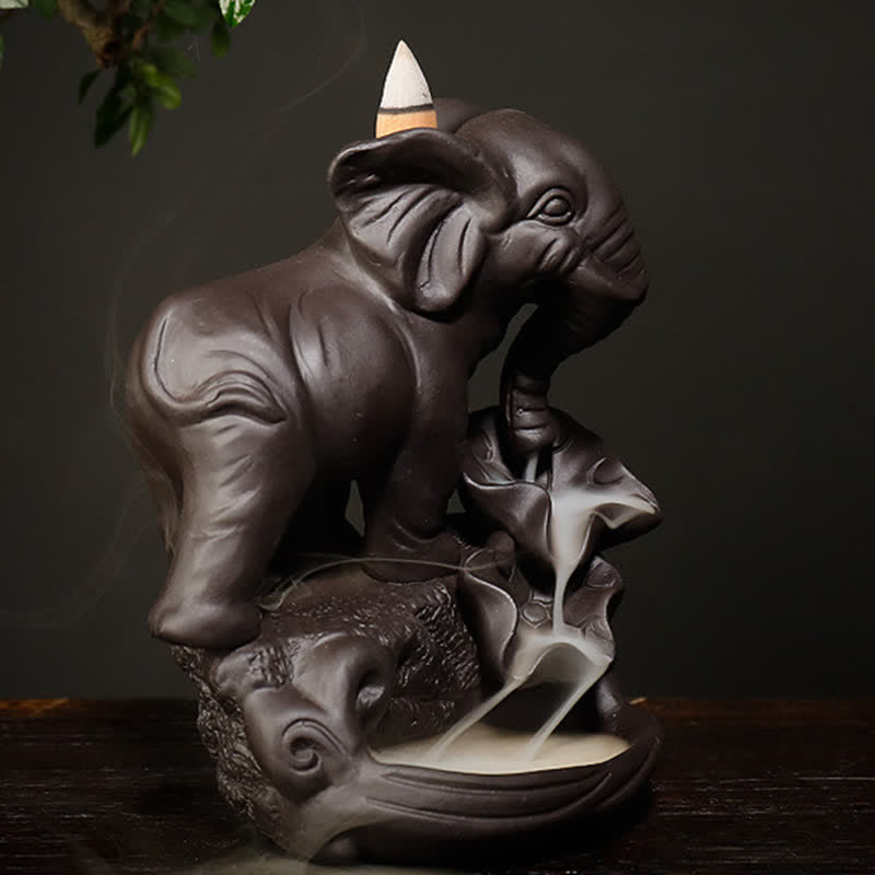 Fontaine à fumée à reflux en argile violette en forme d'éléphant tibétain, brûleur d'encens de guérison de la paix, décoration