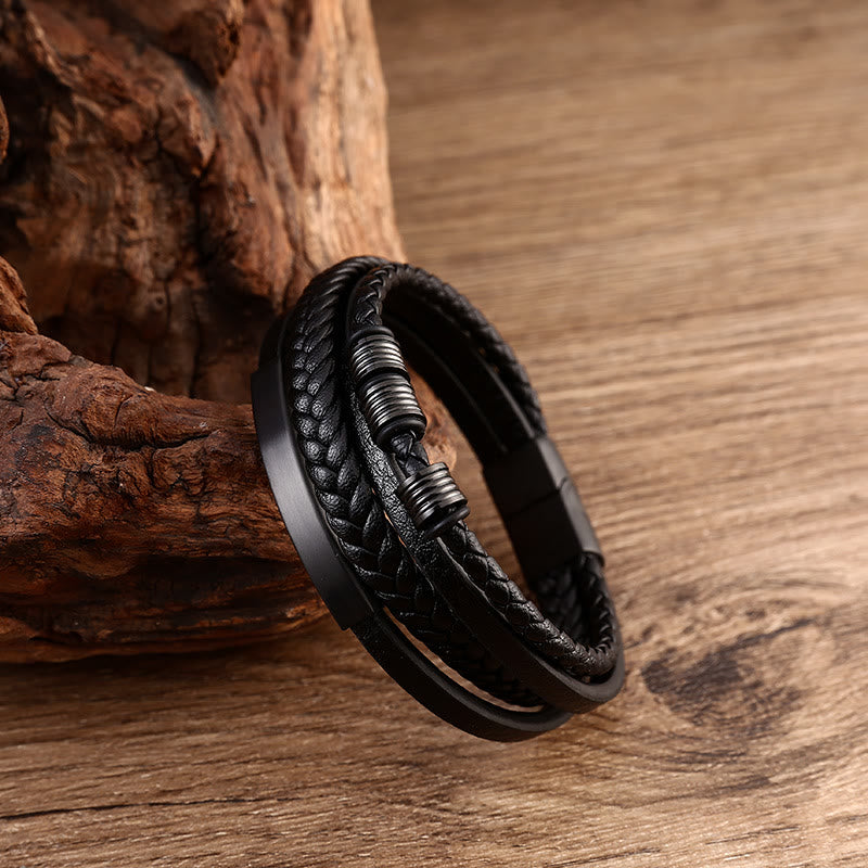 Bracelet en cuir multicouches avec boucle magnétique tressée en acier titane et Buddha Stones