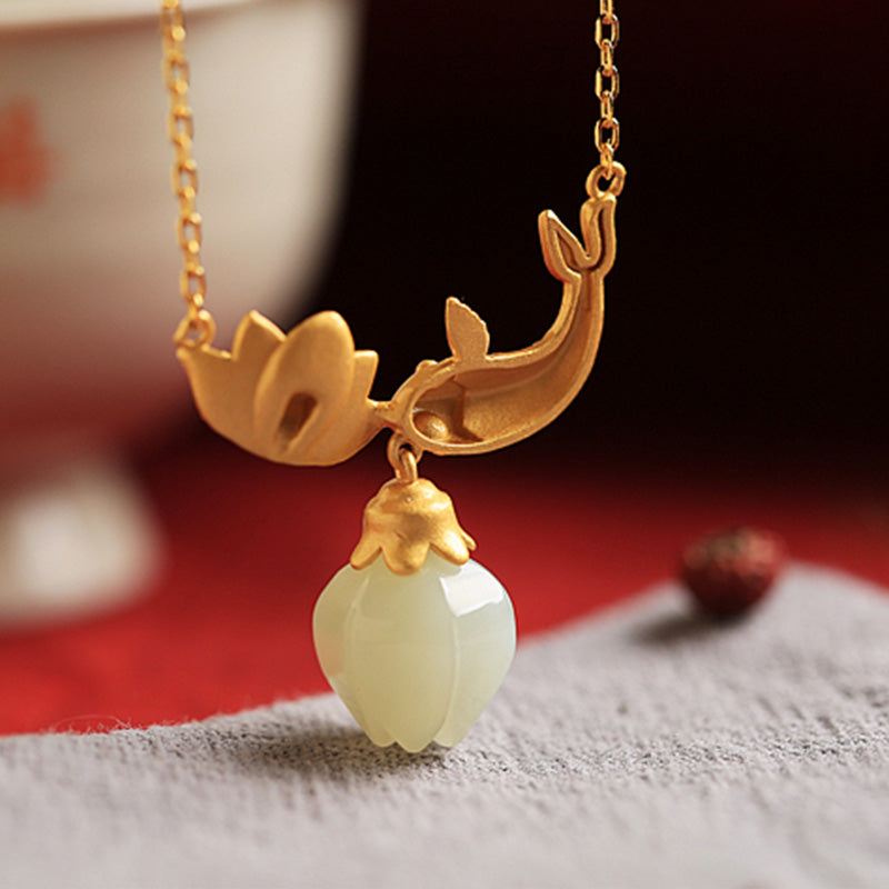 Collier de protection en cuivre avec pendentif en Buddha Stones, jade blanc, carpe koï et lotus. - image 5