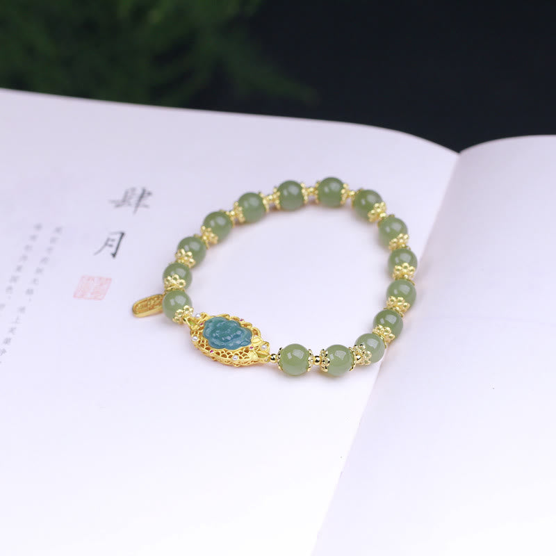 Bracelet porte-bonheur en argent sterling 925 plaqué or 14 carats avec lotus en jade Hetian
