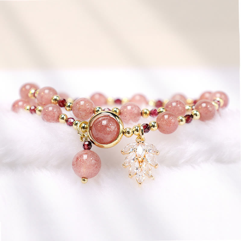 Bracelet double tour avec breloque en feuille d'érable et quartz fraise naturel Buddha Stones