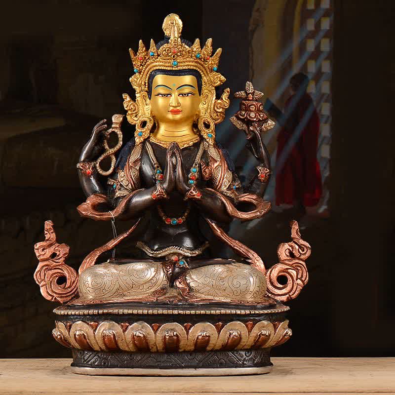Statue décorative en cuivre de protection à quatre bras du Bodhisattva Chenrezig Avalokitesvara - SYMBOLE D'AVALOKITESVARA (Richesse ♥ Succès) - image 0