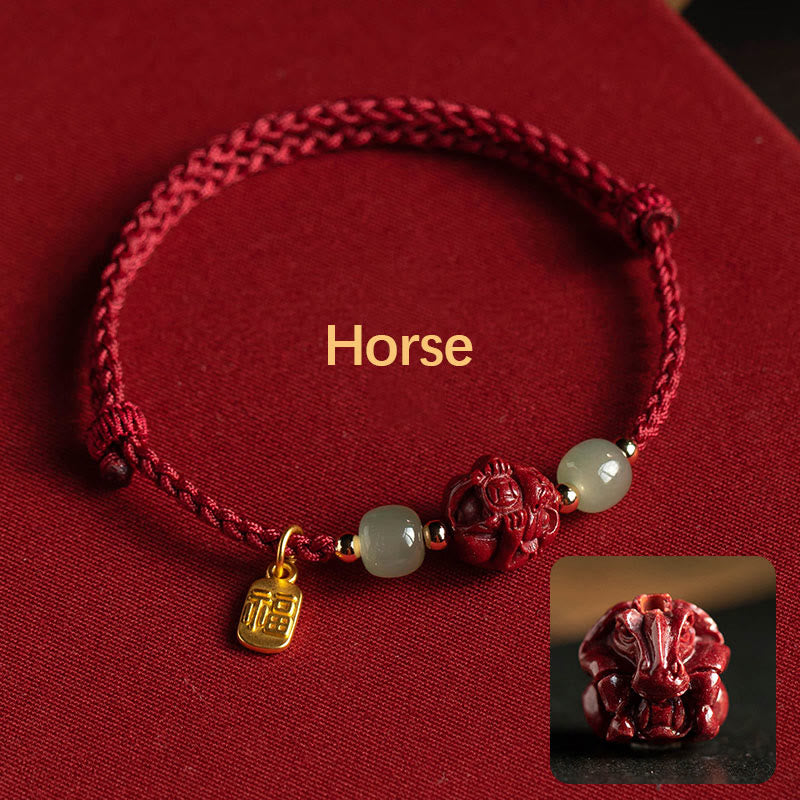 Bracelet en corde porte-bonheur en jade Hetian Buddha Stones et cinabre naturel, signe du zodiaque chinois