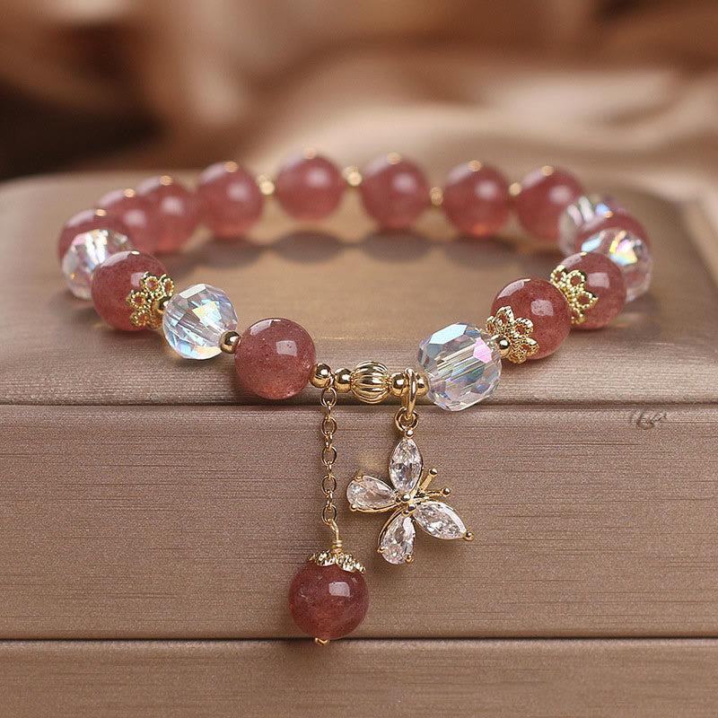Bracelet à breloques papillon en quartz fraise naturel Buddha Stones - Quartz fraise (Amour ♥ Guérison) Tour de poignet : 14-16 cm - image 0