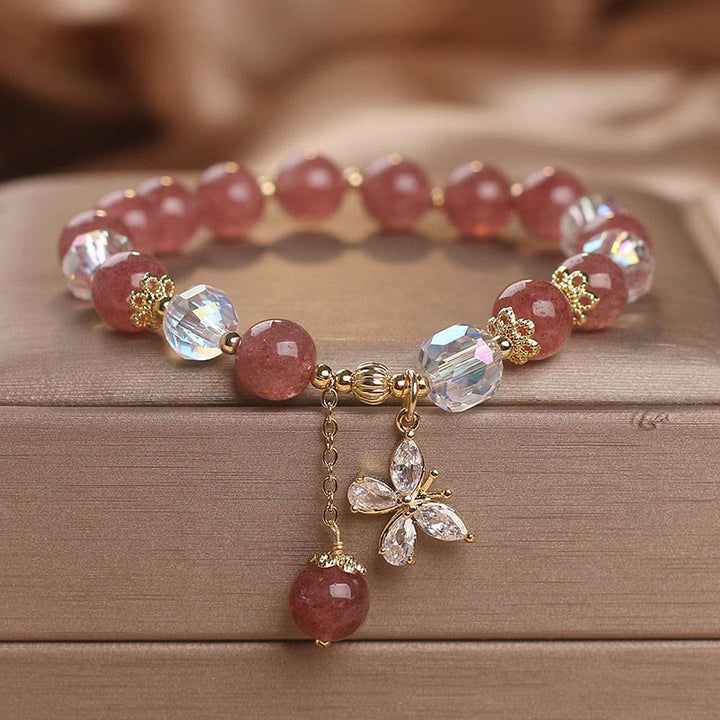 Bracelet à breloques papillon en quartz fraise naturel Buddha Stones - Quartz fraise (Amour ♥ Guérison) Tour de poignet : 14-16 cm - image 0