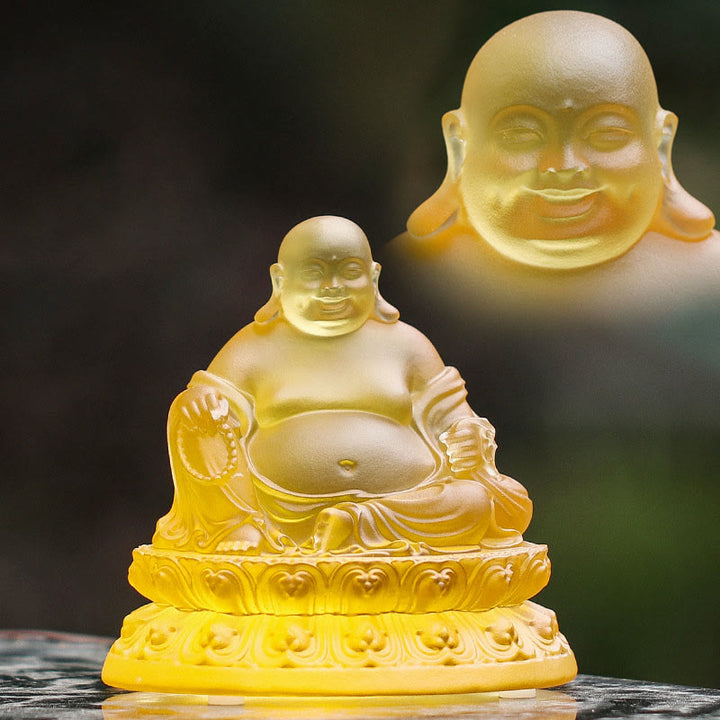 Buddha Stones Figurine de Bouddha rieur faite à la main Pièce d'art en cristal Liuli Statue de richesse Décoration de la maison - Petit format 10,2 x 8,5 x 10,5 cm - image 0