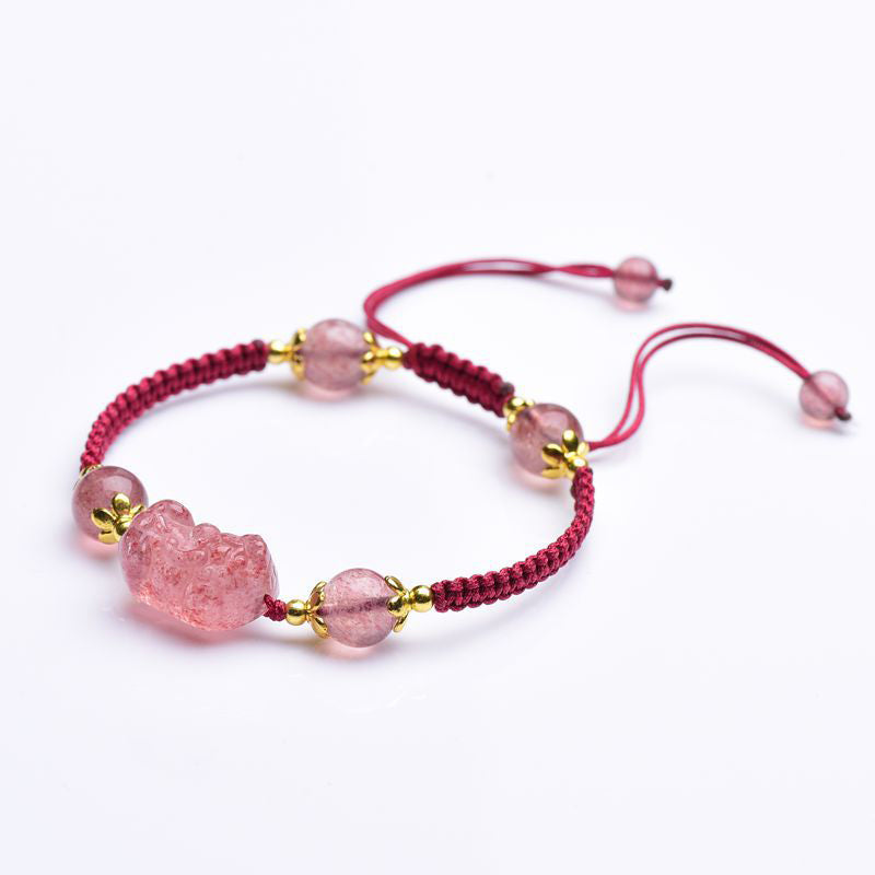 Bracelet porte-bonheur en fil rouge avec breloque Pixiu en cristal naturel de fraise de Buddha Stones