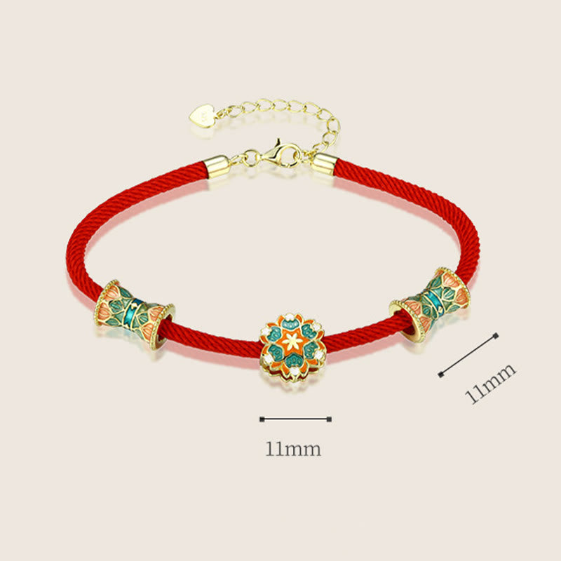 Bracelet en corde rouge en argent sterling 925 avec motif tambour de lotus de Buddha Stones Dunhuang
