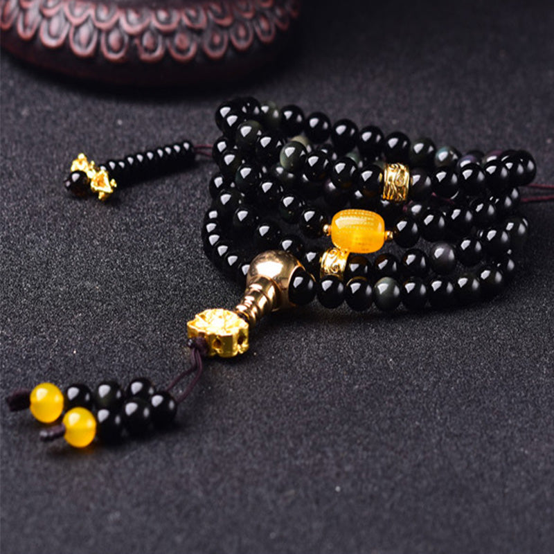 Bracelet Mala Lotus Accomplissement en Obsidienne Noire Naturelle 108 Perles Buddha Stones