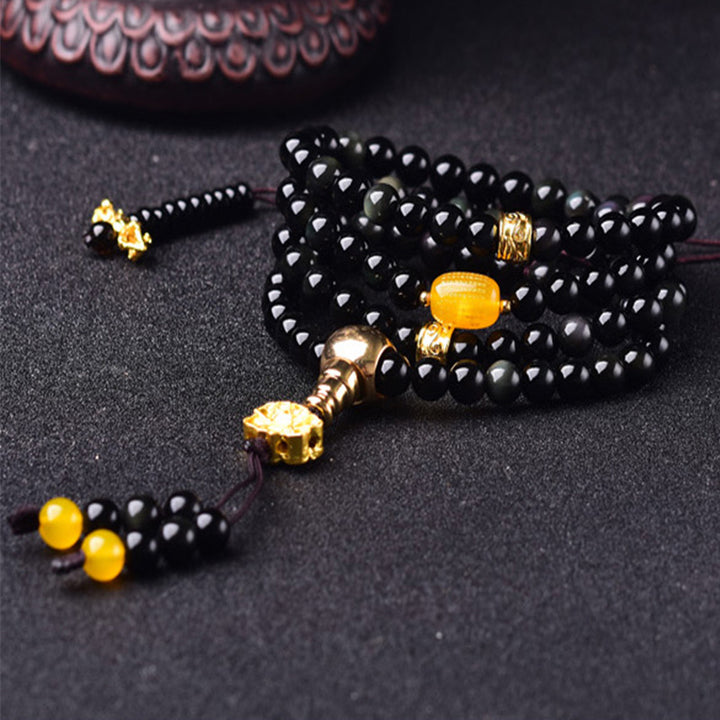 Bracelet Mala Lotus Accomplissement en Obsidienne Noire Naturelle 108 Perles Buddha Stones