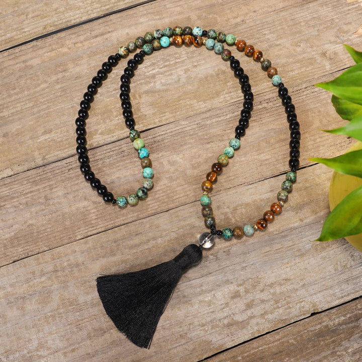 Collier Bracelet Mala 108 Perles Pierre Naturelle Oeil de Tigre Turquoise Protection Force Buddha Stones