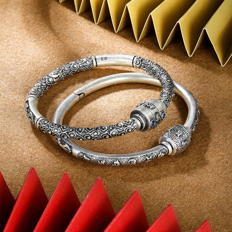 Bracelet de créativité gravé en argent sterling 990 Buddha Stones et nuages de bon augure tibétains Om Mani Padme Hum