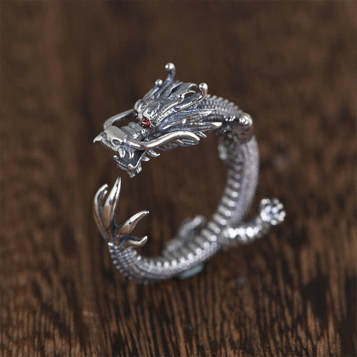Bague de protection porte-bonheur en argent sterling 925 Buddha Stones et dragon