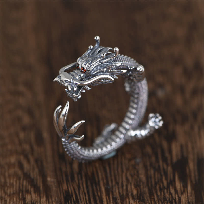 Bague de protection porte-bonheur en argent sterling 925 Buddha Stones et dragon - Dragon (Protection ♥ Succès) - image 0
