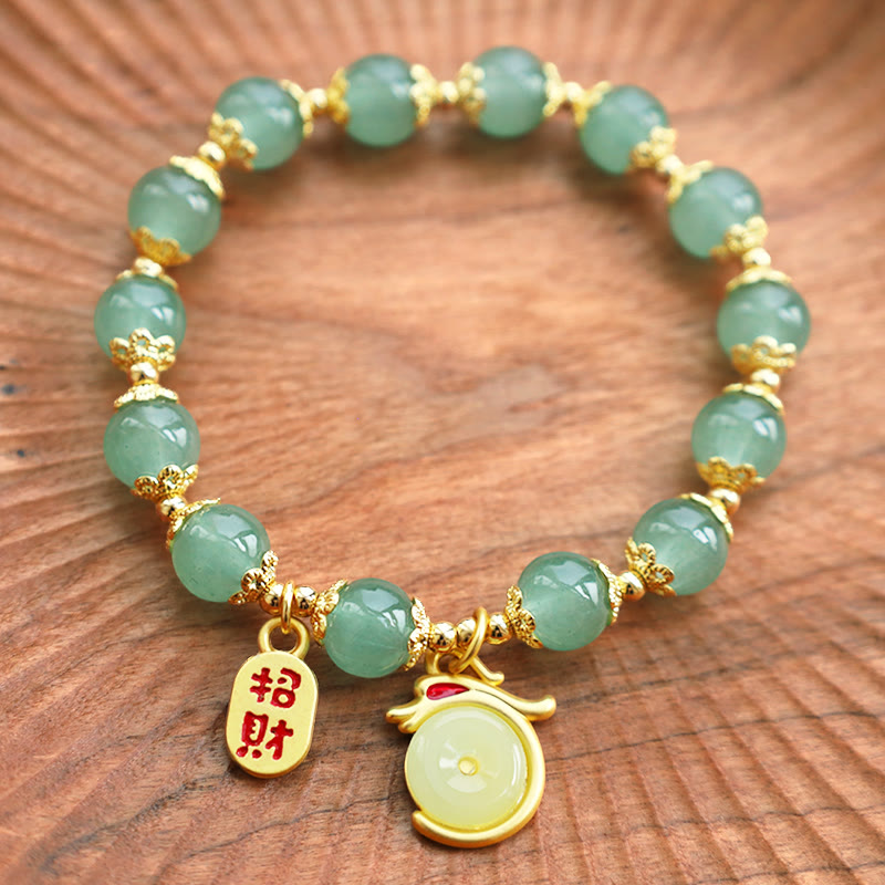 Bracelet porte-bonheur avec boucle de paix et personnage Fu en agate rouge et aventurine verte de l'année du Buddha Stones