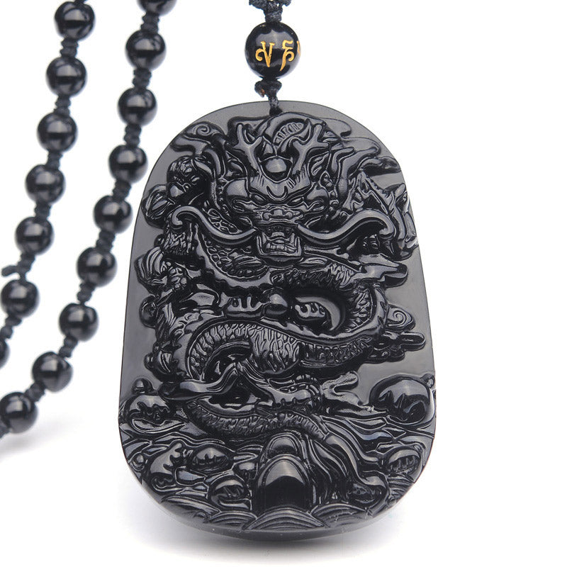 Collier avec pendentif en obsidienne noire représentant un dragon accompli et des Buddha Stones - Obsidienne - image 1