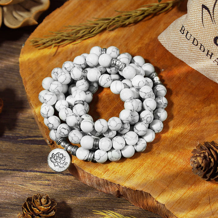 Bracelet Mala de guérison en Buddha Stones et lotus blanc turquoise